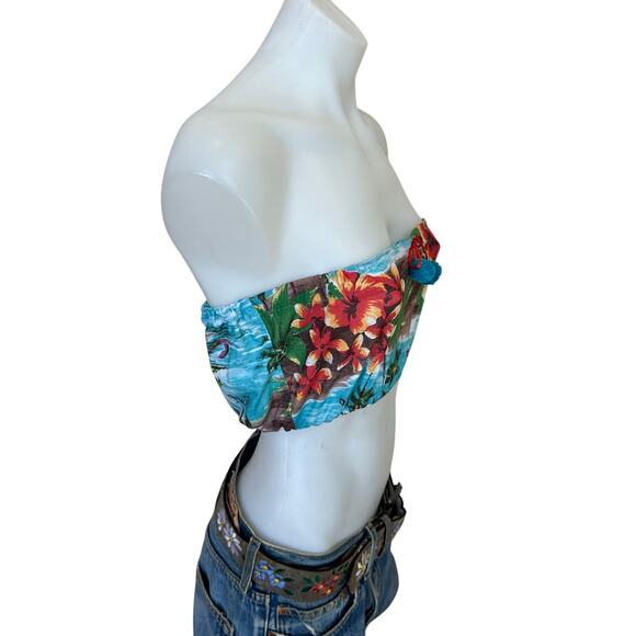 Hawaiian Cropped Bandeau XXS -SMALL Tropical One a Kind Upcycled PomPom - Picture 2 of 5